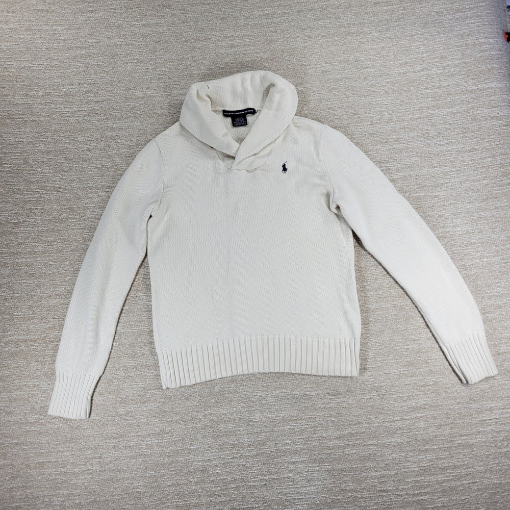Ralph Lauren Sport Shawl Collar Sweater Womens Small White Preppy Blue Pony
